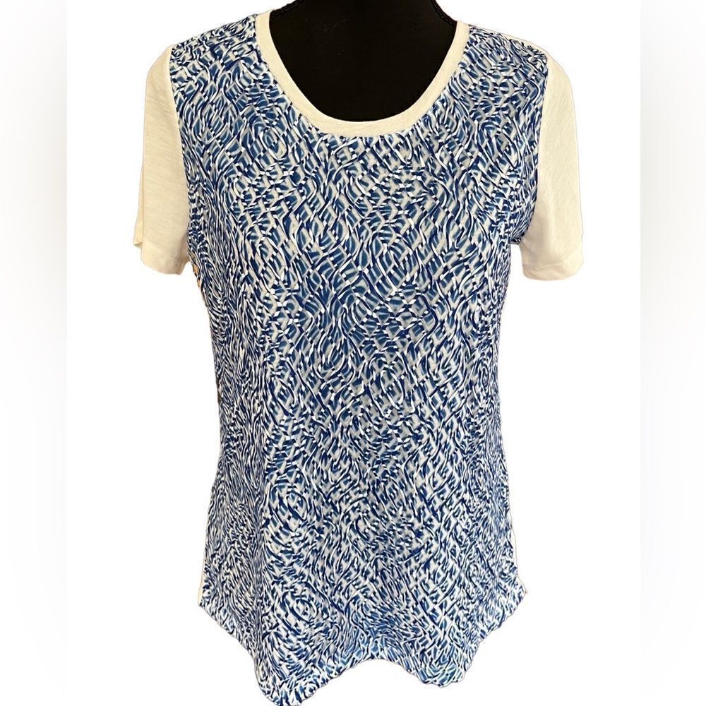 New with tags Lana Lee blue/white shirt sleeved top with diamond overlay size S